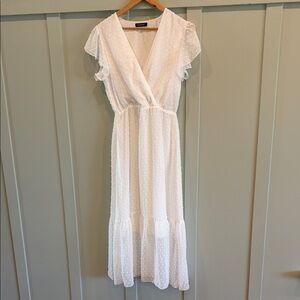 White Swiss Dot Ruffle Midi Dress – Flutter Sleeve, Boho Style